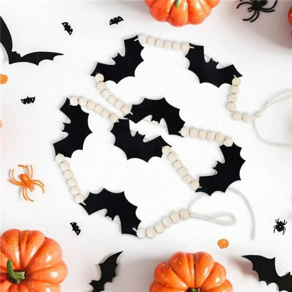 Halloween Garland, Bats Garland for Halloween Mantle Decor, Wood Bead Banner